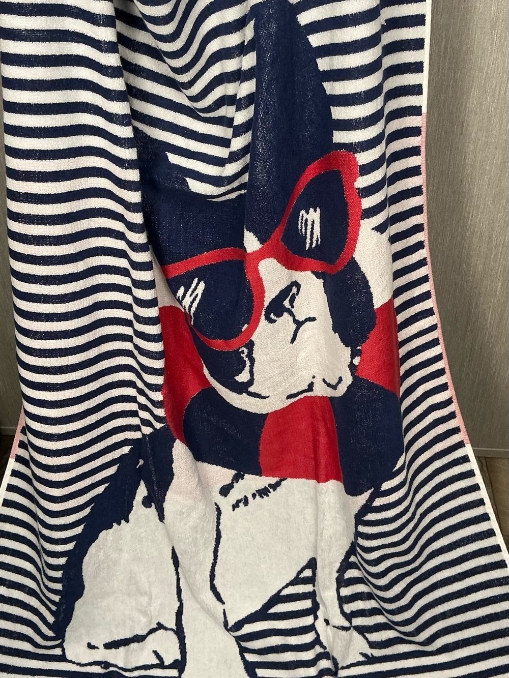 TWO- The Company Store Navy White and Red Striped Dog Beach Towel 70x40